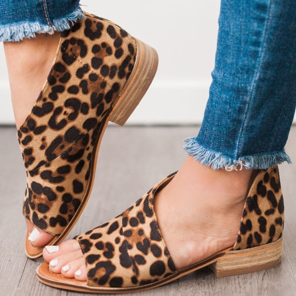 llellie Shoes - Leopard Print Booties Side Cutout Peep Toe